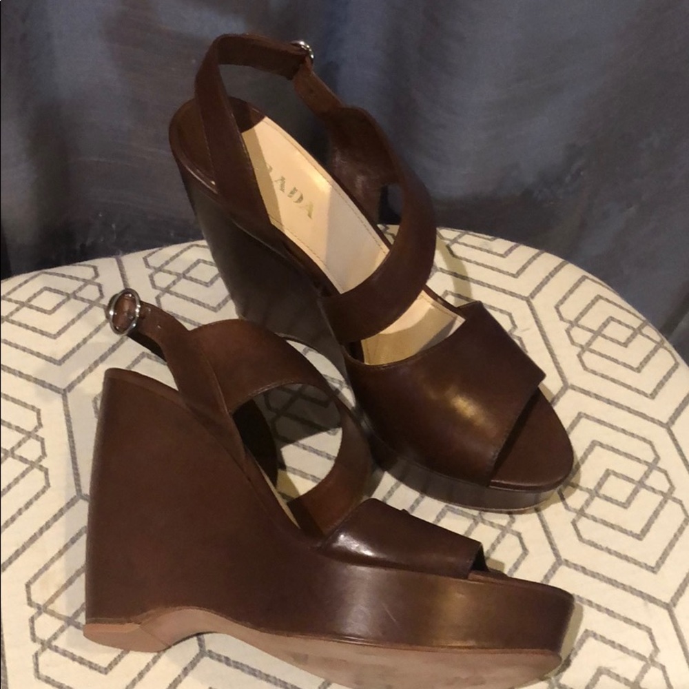 Prada Brown Leather Wedge Sandals